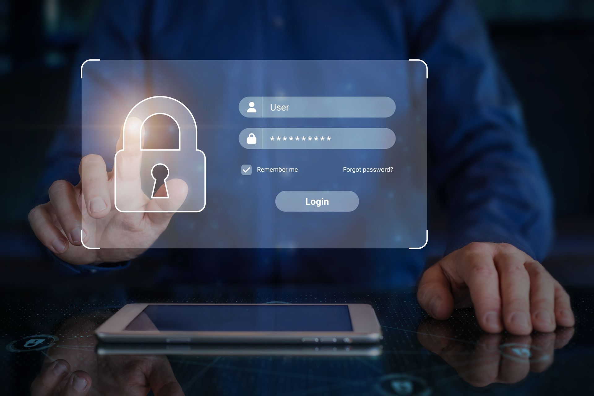 Hand touching digital login panel with padlock icon above a smartphone on a desk