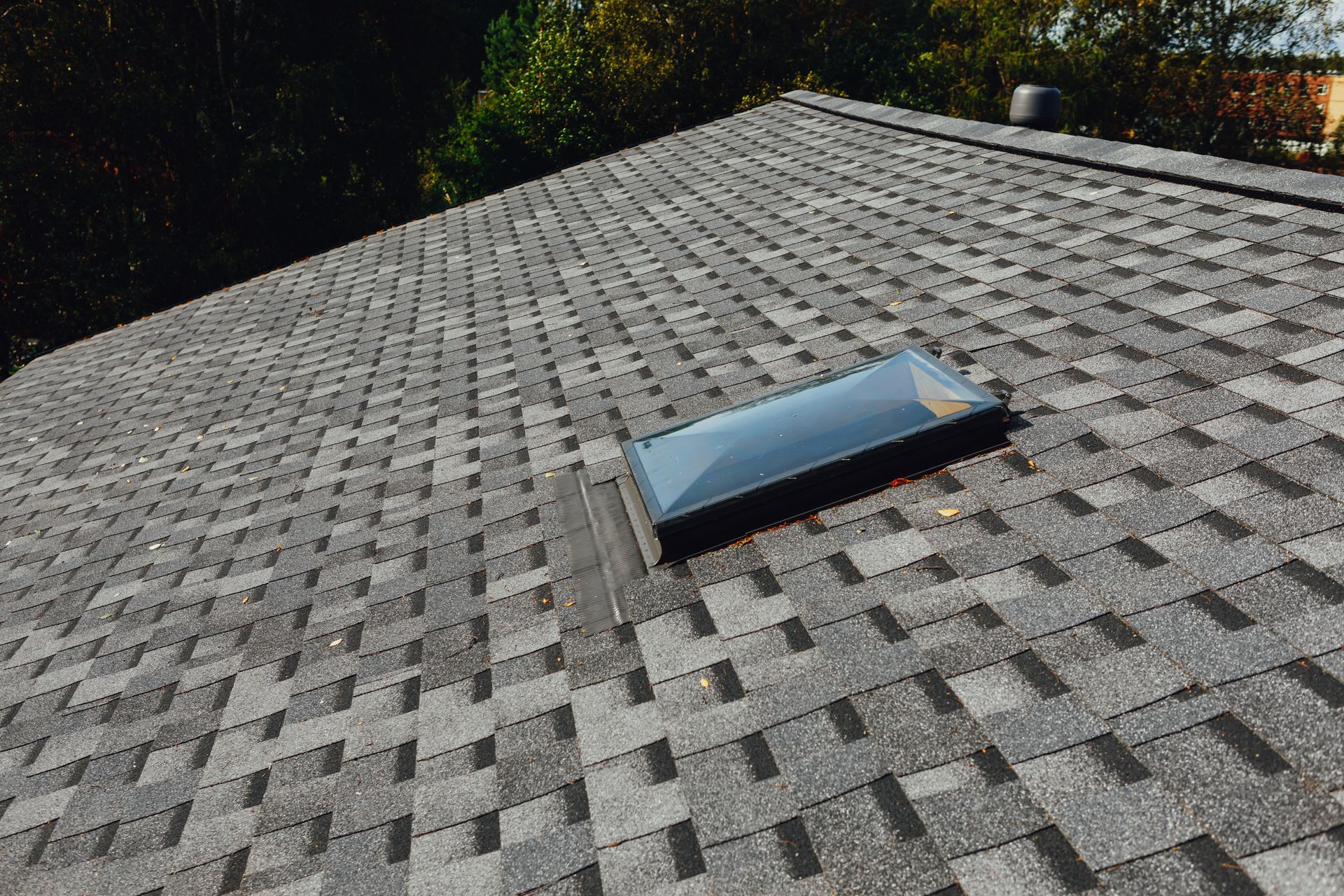 A roof covered in gray shingles with a rectangular skylight.